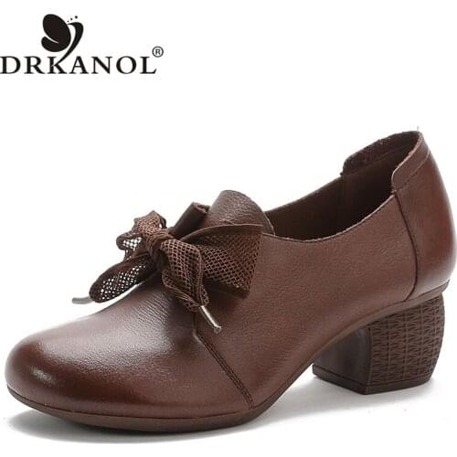 DRKANOL Spring Autumn Women Genuine Leather Pumps Ladies Round Toe Thick Heel Casual Shoes Retro Trend Leather Shoes Footwear