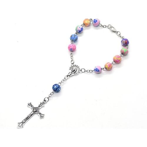 Colorful Faience Clay Beads Chain INRI Crucifix Cross Rosary Bracelets for Women Religious Christian Catholic Prayer Jewelry