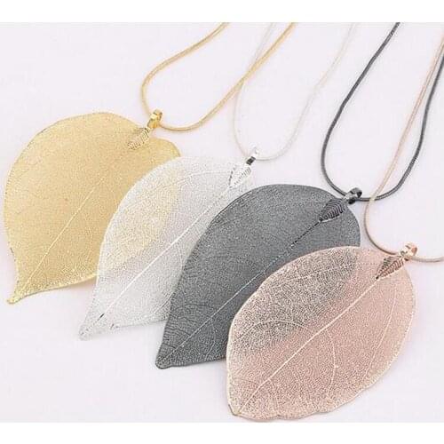 Fashion Jewelry Maxi Necklace Rose Gold Color Chain Real Leaf Charm Design Pendant Necklaces Women Gift LX8949