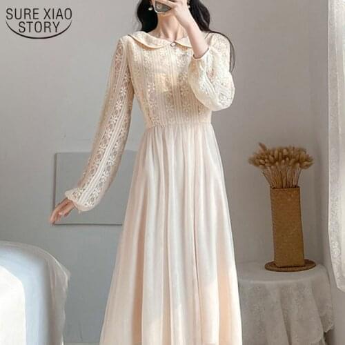 2021 Solid Vintage Puff Sleeve Party Dress New Fashion Spring Mesh Dress for Women High Waist Peter Pan Collar Long Dress 12913