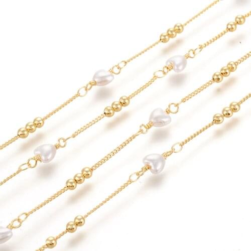 10m Unwelded Handmade Round Acrylic Imitaion Pearl Beaded Chains,Long-Lasting Plated,with Spool, FloralWhite 11.5x4~4.5mm F60