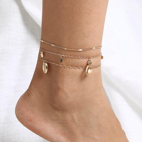 3 Pcs/set Bohemian Shell Anklets for Women Boho Gold Bead Moon Anklet Multilayer Foot Bracelet on Leg Beach Anklet Jewelry