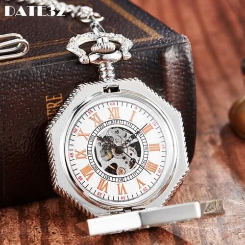 Antique Mechanical Pocket Watch for Collection Sliver Irregular Case Roman Numerals Skeleton Dial Fob Clock for Dropshipping