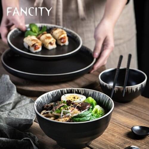 FANCITY Japanese style ceramic high-foot noodle bowl 7 inch household underglaze color tableware retro dish rice bowl creative