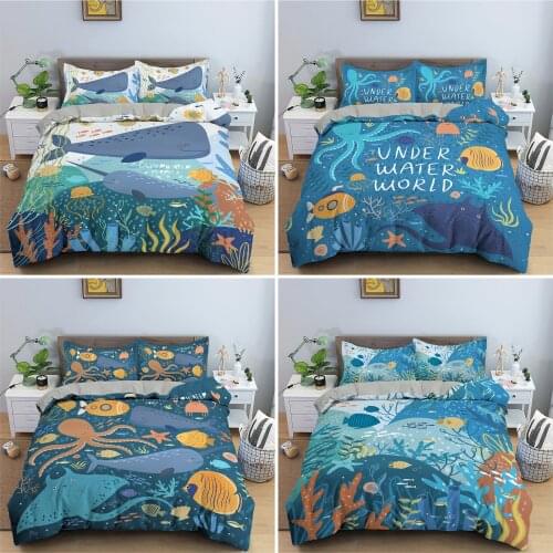 Cartoon Pattern Bedding Set Sea Animals Duvet Cover Set Underwater World Quilt Cover With Pillowcase Home Textile For Kids
