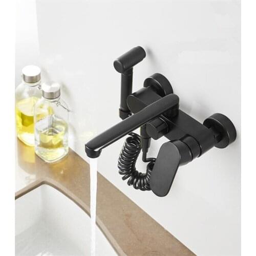 Kitchen Sink Faucet Brass Sink Mixer Tap Hot & Cold Wall Mounted With Spray Gun Rotatable Basin Faucet Mop pool Tap Water Crane