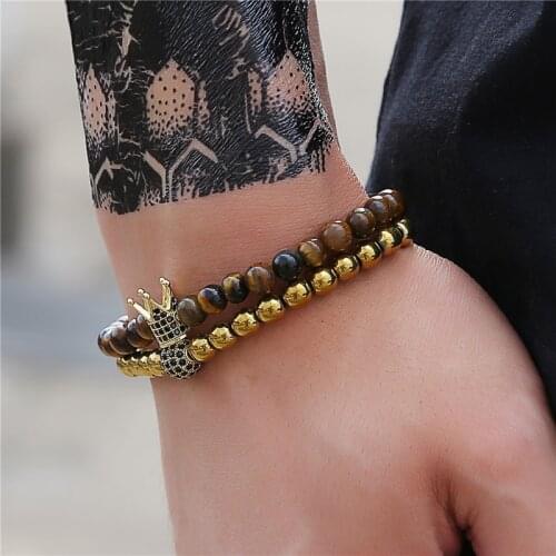 Fashion 2Pcs/set Men Bracelet Sets 6mm Handmade Tiger Eye Stone Copper Beads Bracelet Sets For Women Men Jewelry Gift