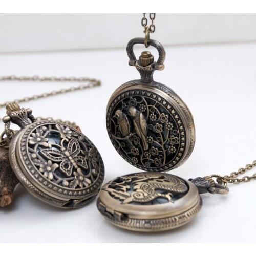 New Vintage Jewelry Bronze Watches Carved Antique Arrow and Love Bird dragon and butterfly Pocket Watch And women And men