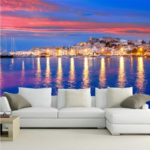 Custom 3D large mural, colorful sky, glittering house in Spain, a beautiful coast ,living room sofa TV wall bedroom wall paper