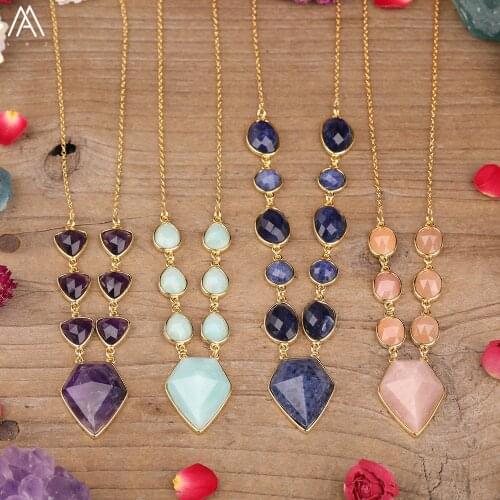 Natural Amethysts Quartz Amazonite Arrowhead Pendant Gold Chains Necklace Women Stone Beads Adjustable Necklace Jewelry Dropship