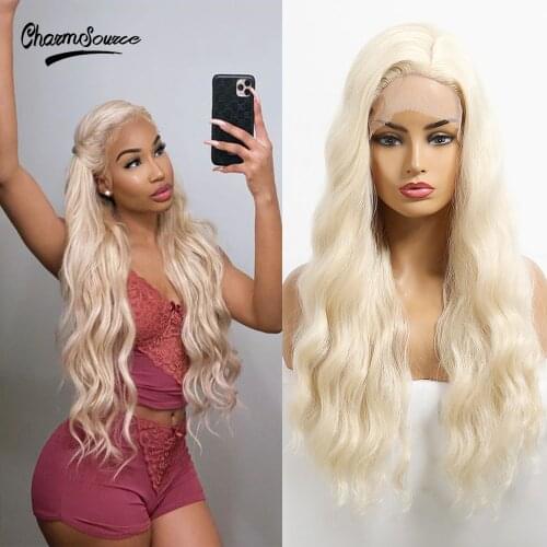 CharmSource Long Natural Wavy Blonde Wigs Lace Front Synthetic Wig for Women Daily Party Cosplay High Density Heat Resistant