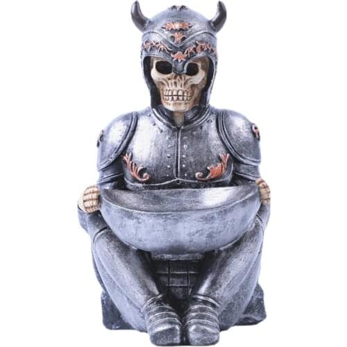 Viking Warrior Skeleton Skull Jewelry Ring Holder Stand with Tray Trinket Holder Organizer Candlestick Desktop Ornament