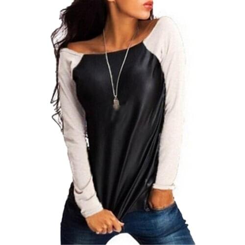 Hot Women Autumn Color Block Stitching O Neck Long Sleeve Warm Faux Leather T-shirt