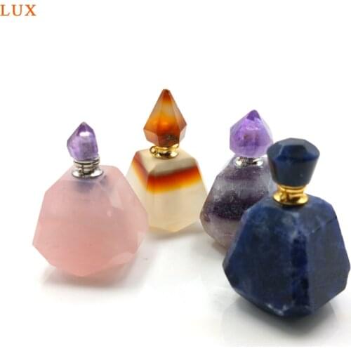 Rose quartzs perfume Bottle vial Agates Crystal Amethysts Pendant Gold color plated Double Hoops Connector for necklace