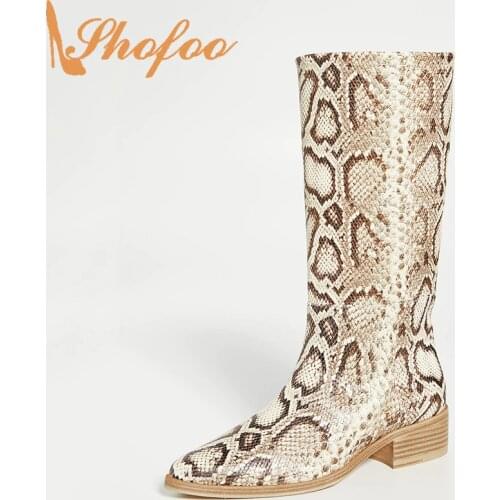 Snake Embossed Med Chunky Heels Round Toe Mid Calf Boots Pull On Ladies Winter Warm Large Size 14 16 Fashion Women Shoes Shofoo