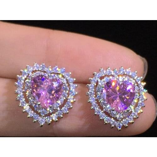 Pink Zircon Stone Earrings Fashion Wedding Jewelry Cute Female Big Heart Stud Earrings
