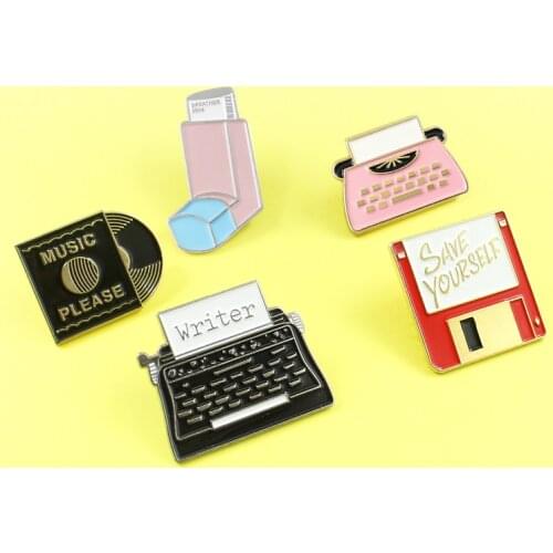 Cute Brooch Writer Typewriter Save Yourself Memory Card Music Pleasen CD Lapel Enamel pins DIY Badges for women girls gift