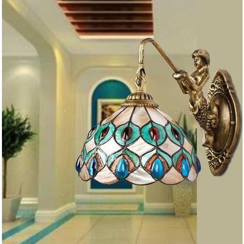 Modern Pastoral Peacock Tail Shell Mermaid LED Wall Lamp 8 inch Mediterranean Sea Style Tiffany E27 holder Bedroom Wall Sconce