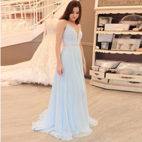 Light Sky Blue Evening Dresses 2021 Fashion A-line Party Gowns Chiffon Spaghetti strap Floor length Beading Party Dresses