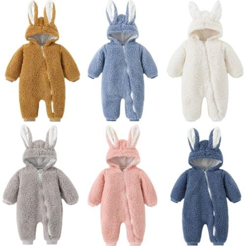 Spring Autumn Fleece Baby Rompers Coats For Infant Clothes Hooded With Ear Lovely Girls Solid Jumpsuits For Baby Boys Clothing
