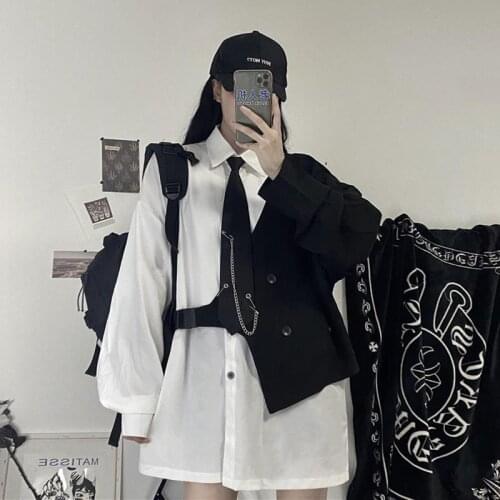 Women 2021 Spring Autumn New Korean Fake Two-piece Style Loose Long-sleeved Shirt Single-breasted Blouse Blusa Send Tie Y714