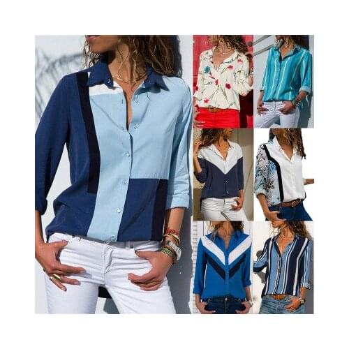 Women Blouses Fashion Long Sleeve Turn Down Collar Office Shirt Vertical Stripes Blouse Flowers Shirt Casual Top Plus Size S-3XL