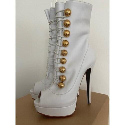Moraima Snc Newest White Leather High Heel Boots Peep Toe Rivets Studded Thin Heels Ankle Boots Women Autumn Short Boots