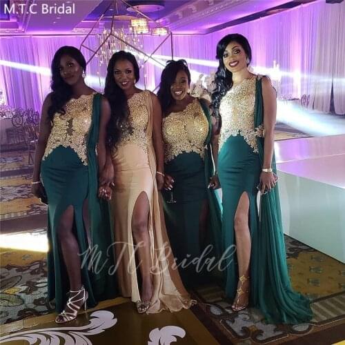 Dark Green Mermaid African Bridesmaid Dresses With Golden Lace One Shoulder Side Slit Long Prom Dress For Wedding Party Gowns