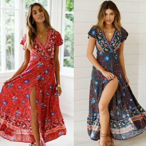 US Womens V-Neck Floral Split Dress Boho Party Summer Beach Casual Long Sundress
