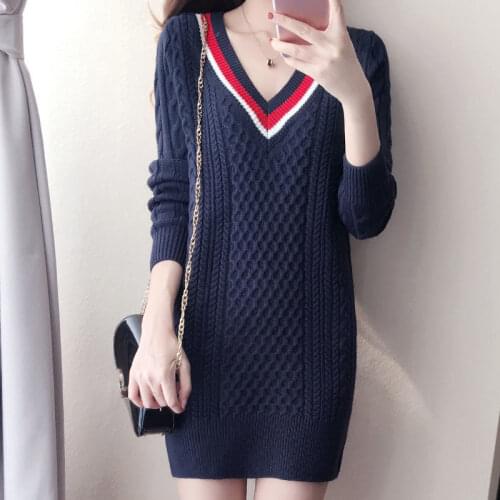 Sexy Slim Stitching Knit Sweater Dress 2020 Autumn Winter New Korean V-neck Long-sleeved Knitted Dress Female Loose Pullovers