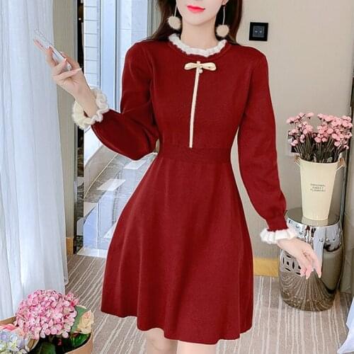 New Autumn Winter Women Knitted Sweater Dress Korean Chic Long Sleeve O Neck Elegant Ladies Dress