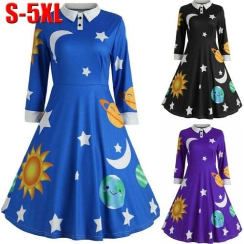 Women Sun and Moon Star Print Botton Long Sleeve Flare Vintage Midi Skater Dress Christmas Dress Lapel