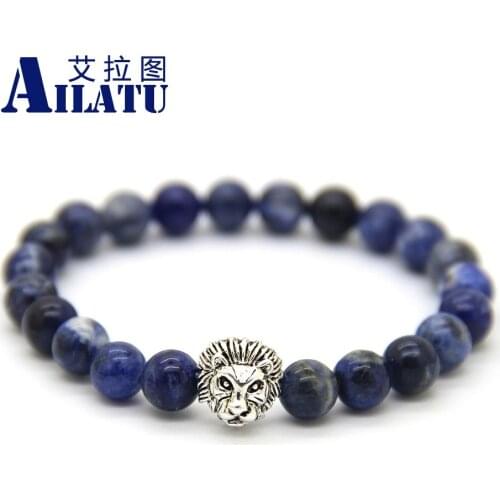 Ailatu Natural Stone Energy Bracelet 8mm Blue Veins Stone Beads Couple Lion Head Charm Jewelry Nice Gift for Men