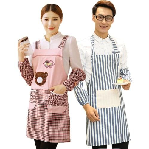 Cotton Kitchen Apron With Arm Sleeves Adult Women Men Couple Household Work Wear Oil-proof Gown
