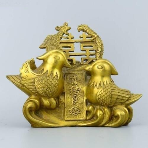 Exquisite Chinese Brass Hand Made Mandarin Duck Dragon & Phoenix Statue Marry Gift