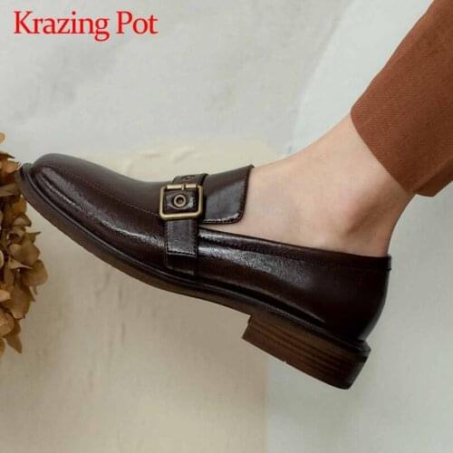 Krazing Pot 2021 spring new style cow split leather leisure round toe thick med heel buckle decorations slip on women pumps L16
