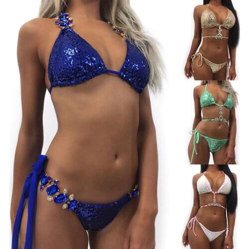 Meihuida 2019 Women Sexy Glitter Sequins Crystal Swimwear Bikini Set Monokini Push-up Padded Bathing Suit Brazilian Swimsuit