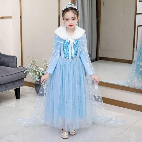 Cute Princess Elsa Dress for Girls Autumn Winter Plush Cotton Three Piece With Fur Collar And Cape Fancy Costume for Children