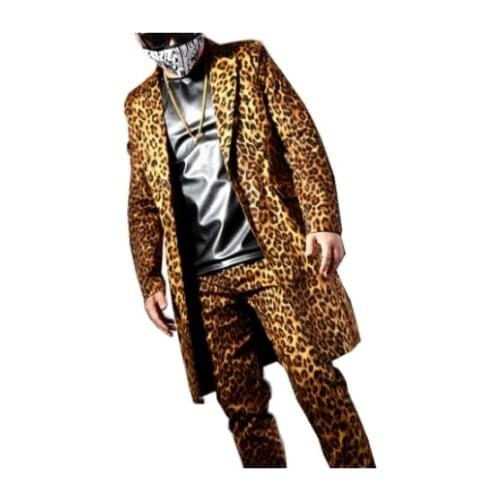 Rock Hip Hop Rock Costumes Fashion Leopard Printing Long Suit Jackets Blazers Mens Suits Bar Nightclub Singer DJ Stage outfit
