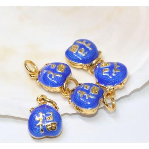 New fashion 11*13mm gold-color blue enamel bless bag shape cloisonne drop accessories spacers beads charms jewelry 5pcs B2479
