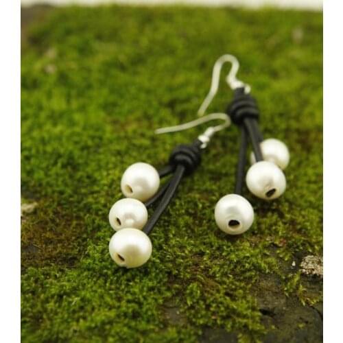 New Favorite Pearl Jewelry 11-12MM Rice White Genuine Freshwater Pearl Leather S925 Silver Friendly Bridal Dangle Earrings E46