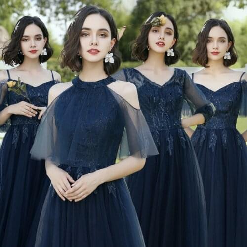 New Navy blue Bridesmaid Dresses Mixed Long Elegant High Neck Appliques Long Party Dress Vestiti Eleganti Donna Cerimonia Sera