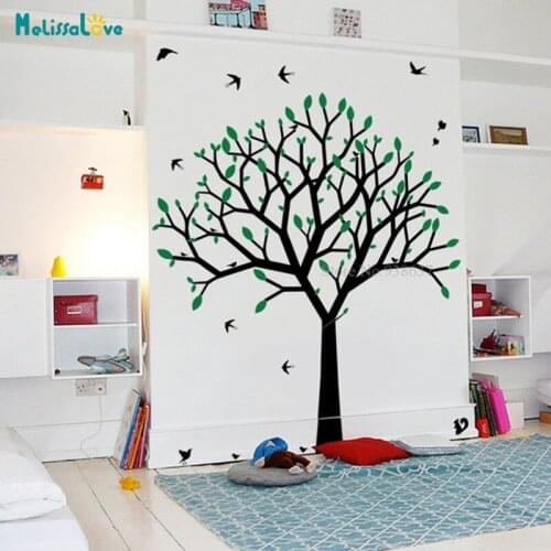Spring Tree wall decor Straight branches stylized birds and squirrels 2 colors available Baby Room Decal Nursery Wallpaper BB043