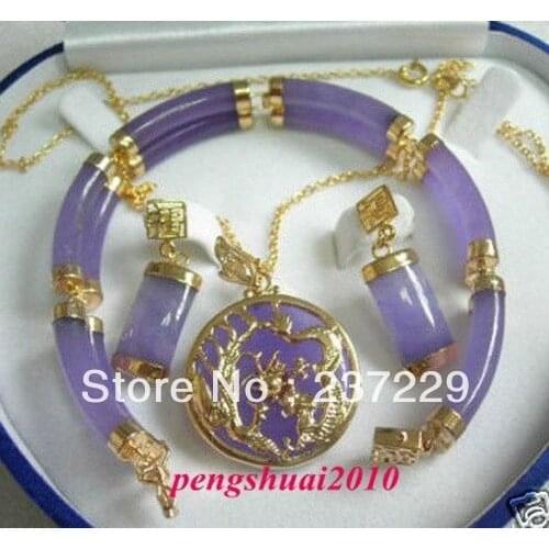Wholesale price ^^^^Noblest 18KGP Purple stone pendant necklace 2rows bracelet 7.5" earrings
