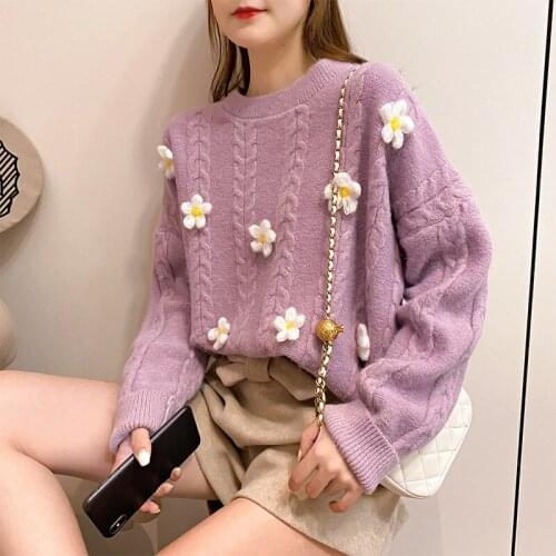 Autumn Women 3D Floral Stitching Pullovers Sweater Harajuku High Street Sweet Girl Loose Solid Color Female Short Knitwear Tops