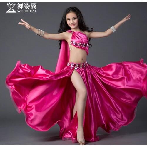 Rhinestone Spandex satin Belly dance Bra Placketing long Skirt 2pcs set for little girl/children costume performance wears RT201