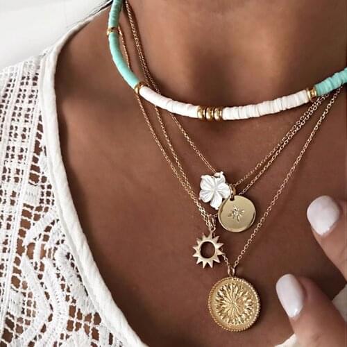 Unique Multi-layer Moon Star Sun Flower Necklace For Women Girls Boho Collar Choker Necklace Heishi Summer Beach Surf Jewelry