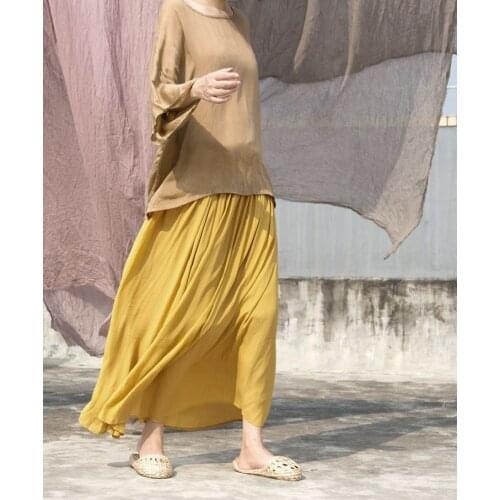 Women Loose Solid Color Elastic Waist Skirts Ladies Vintage Summer Autumn Skirts Female Skirt