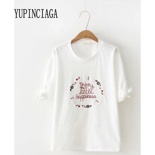 YUPINCIAGA Mori Womens Letter Flower Embroidery Round Collar Sleeve Lace Up Bamboo Cotton Five-Sleeve White Pink Sweet T-Shirt