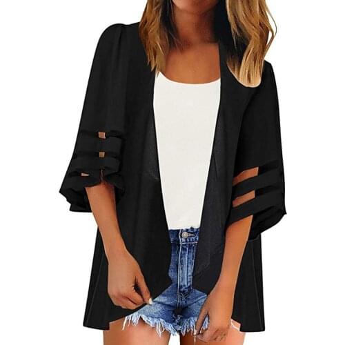 Women Mesh Beach Veil Panel 3/4 Bell Sleeve Fashion Pure Color Chiffon Casual Loose Kimono Cardigan Chemisier Femme #G3